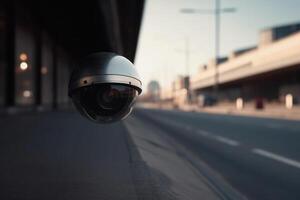 Surveillance camera at city street. CCTV monitoring system. Generative AI photo