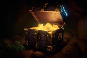 Chest with pirate treasure in cave. photo