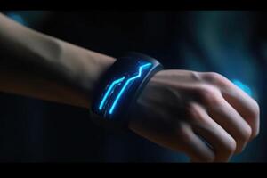 Futuristic smart watch on human hand. Generqative AI photo