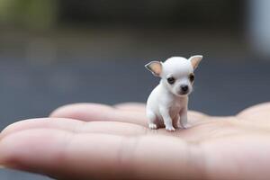 Small dog sitting on owner palm. photo