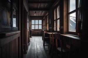 Interior of wooden cottage in mountains. photo