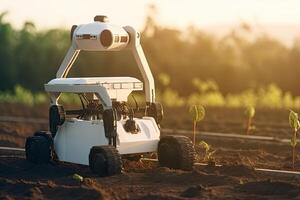 Unmanned robot working in agricultural field. photo