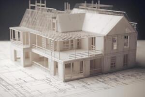 Model of house building standing on architectural project. photo