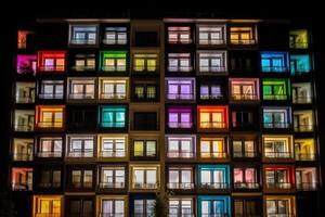 Front view of building facade with colorful windows at night. photo