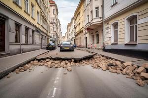 ciudad calle con destruido asfalto la carretera después desastre. generativo ai foto