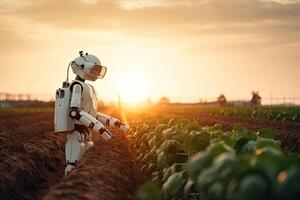 Unmanned robot working in agricultural field. photo