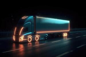 Glowing cargo truck. Futuristic delivery and logistic concept. photo