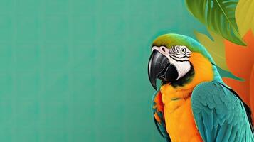 Tropical wallpaper banner with exotic parrot on vivid background. photo