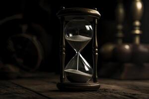 Hourglass on dark background, Time is running out. photo