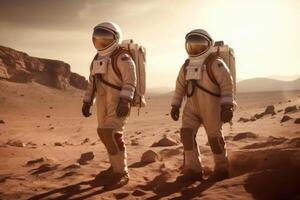 Astronauts wearing space suits walking on red planet. photo