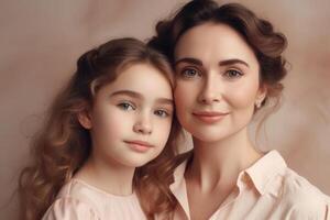 Mother and daughter portrait on pink background. photo