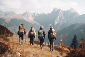 Travelers with backpacks hiking in mountains. photo