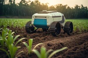 Unmanned robot working in agricultural field. photo