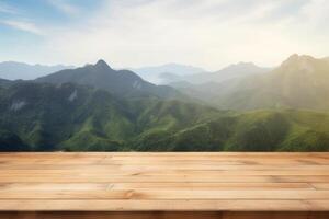 Empty wooden table with blurred mountain landscape background. photo