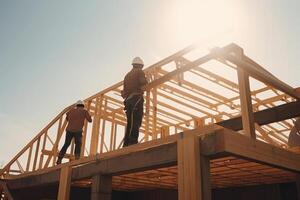 New house construction. Wooden frame with truss, post and beams. photo