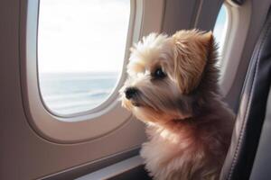 Dog near window on board an airplane Traveling with pets. photo