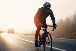 profesional ciclista en protector casco trenes en la carretera. generativo ai foto