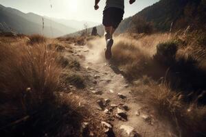 sendero corriendo en montaña paisaje. generativo ai foto