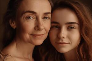 Mother and daughter portrait on pastel background. photo