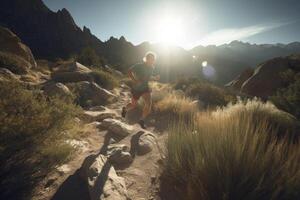 Trail running in mountain landscape. photo