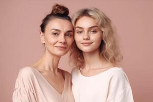 Mother and daughter portrait on pink background. photo