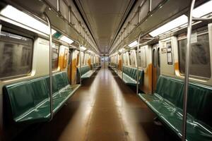 Interior of empty subway train wagon. Public transport. photo