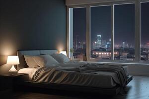 grande cama en vivo habitación con noche ciudad ver en ventana. generativo ai foto