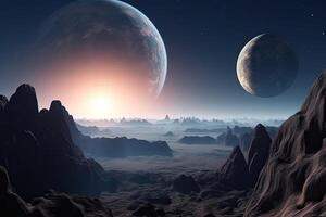 Surface of unknown planet with craters and mountains. photo