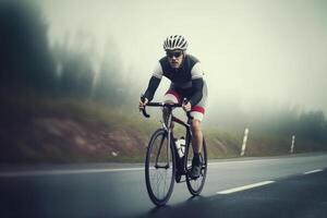 profesional ciclista en protector casco trenes en la carretera. generativo ai foto