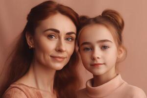 Mother and daughter portrait on pink background. photo