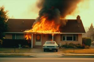 ardiente casa en suburbio. residencial casa en fuego. generativo ai foto