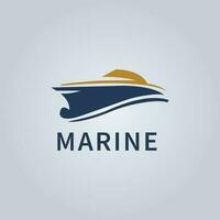 A blue and white marine logo with a boat on it vector