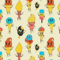 Seamless pattern with Cute Cartoon Ice cream character. Happy and cheerful emotions. Old animation 60s 70s, funny cartoon characters. Trendy illustration in retro style. vector