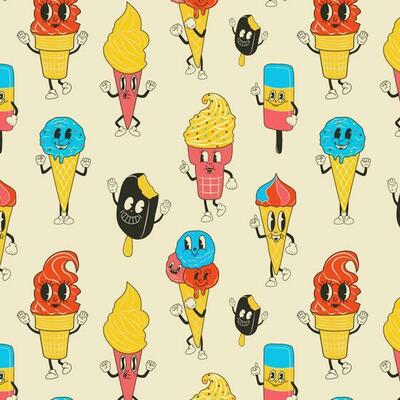 Seamless pattern with Cute Cartoon Ice cream character. Happy and cheerful emotions. Old animation 60s 70s, funny cartoon characters. Trendy illustration in retro style.
