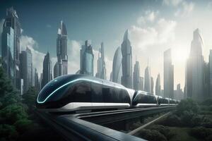 Futuristic high speed train in city. photo