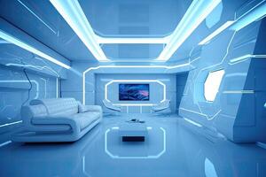 Futuristic room interior with glowing lines. photo