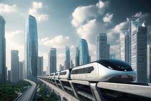 Futuristic high speed train in city. photo