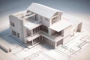 Model of house building standing on architectural project. photo