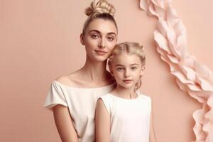 Mother and daughter portrait on pink background. photo