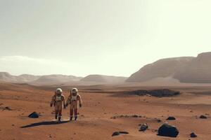 Astronauts wearing space suits walking on red planet. photo
