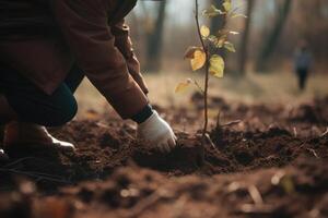 Planting tree in soil. Work in garden. photo