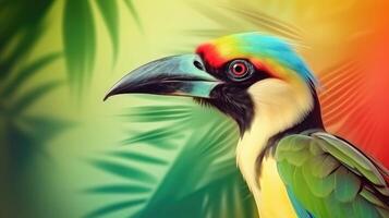 Tropical wallpaper banner with exotic toucan on vivid background. photo