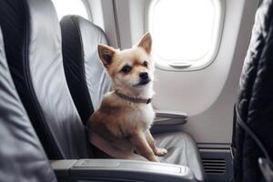 Dog near window on board an airplane Traveling with pets. photo