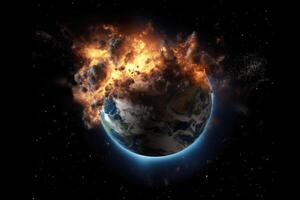 Asteroid falls on planet, view from space. Meteorite burning in atmosphere. photo