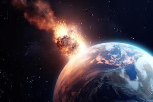 Asteroid falls on planet, view from space. Meteorite burning in atmosphere. photo