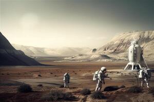 Astronauts wearing space suits walking on red planet. photo