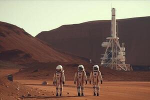 Astronauts wearing space suits walking on red planet. photo