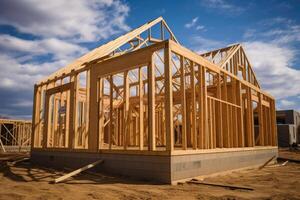 New house construction. Wooden frame with truss, post and beams. photo