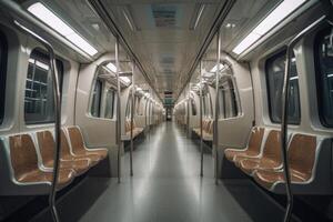 Interior of empty subway train wagon. Public transport. Generative AI photo