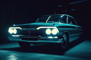 Illuminated retro classic car at night. photo